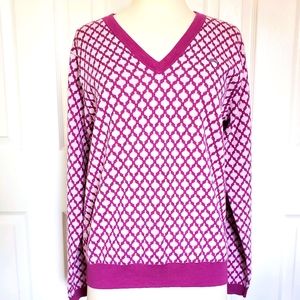 Peter Millar Wool V-Neck Golf Sweater L - Fuchsia Pink and Cream
